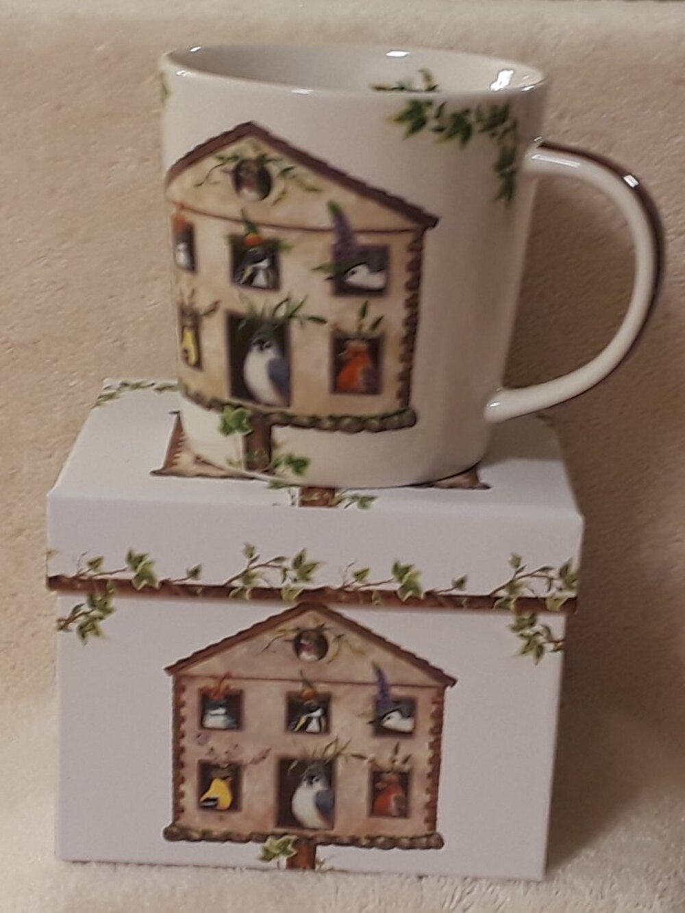 Boxed Mug: Vicki Sawyer House Party New Bone China Birds Birdhouse 13.5 oz NWT
